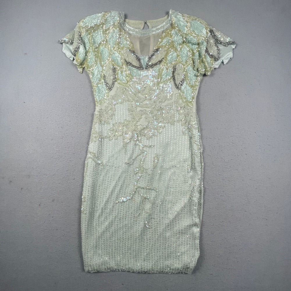 Vintage Oleg Cassini Beaded Silk Dress Women 8 Green Sequin Floral 80s Cocktail